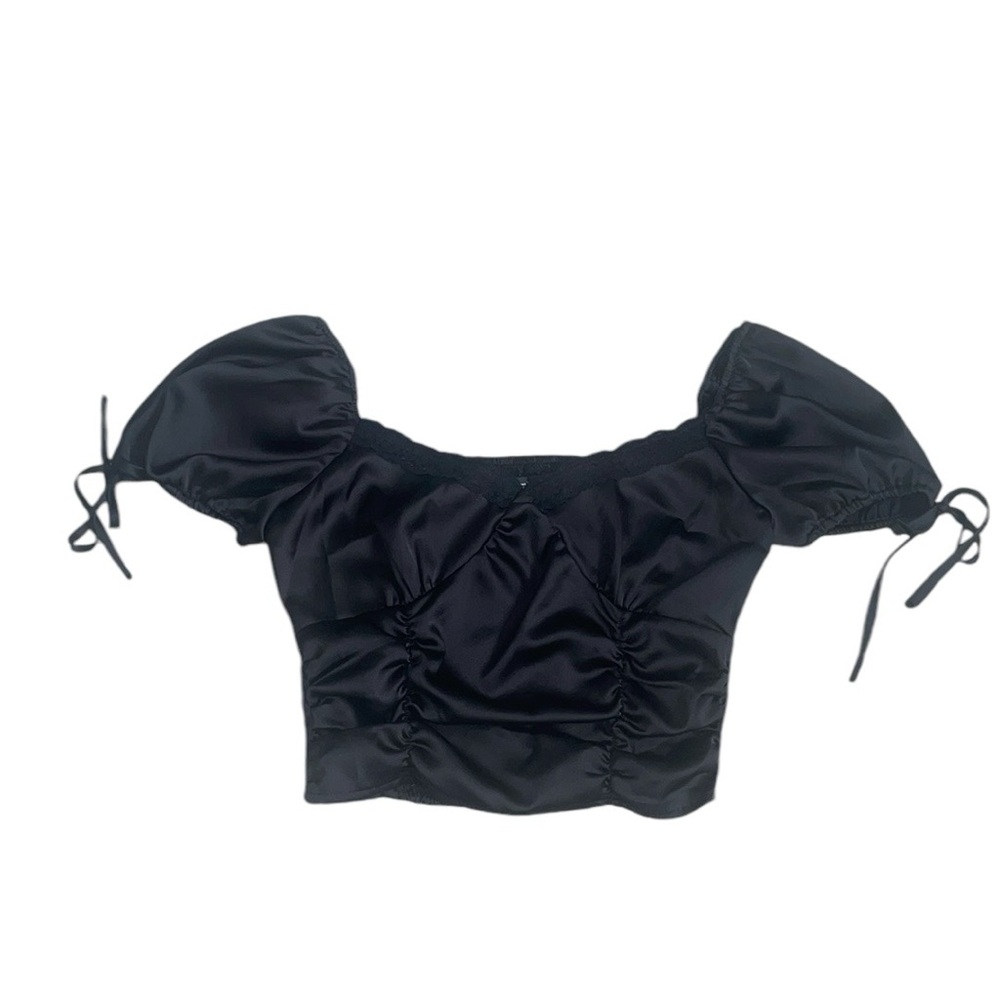 Forever 21 Bustier Lace Trim Puff Sleeve Cropped Bow Tie Detail Satin Shirt Top